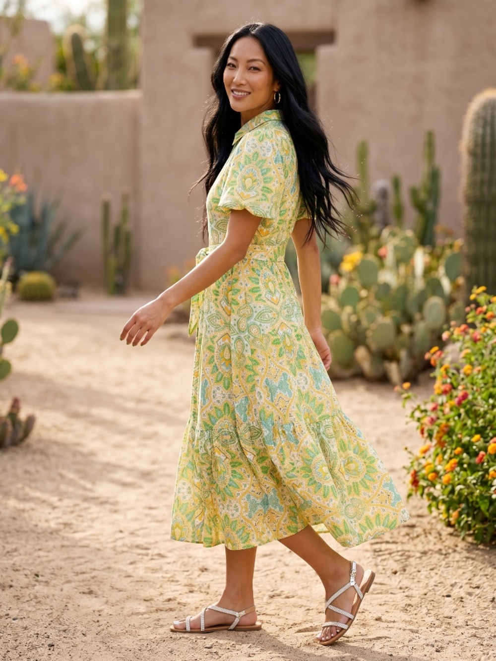 Flying Tomato Green Paisley Medallion Midi Shirt Dress | Tie Waist Puff Sleeve - Picture 3 of 6